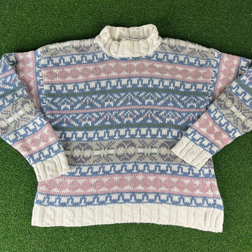 Vintage 80s 90s Knit Stitches Ramie Pink/Blue Knit Mock Neck Sweater Sz L